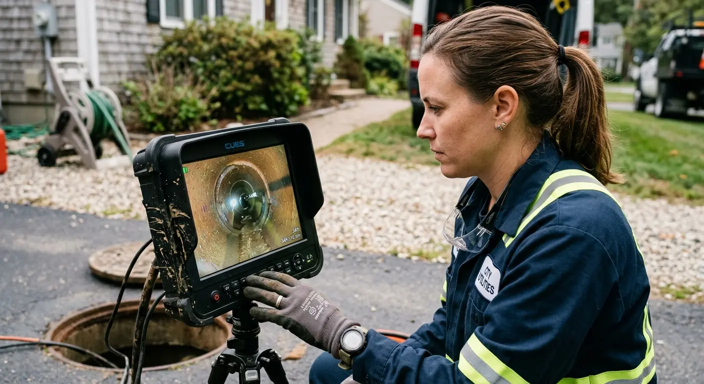 Technician reviewing sewer camera inspection footage in Framingham
