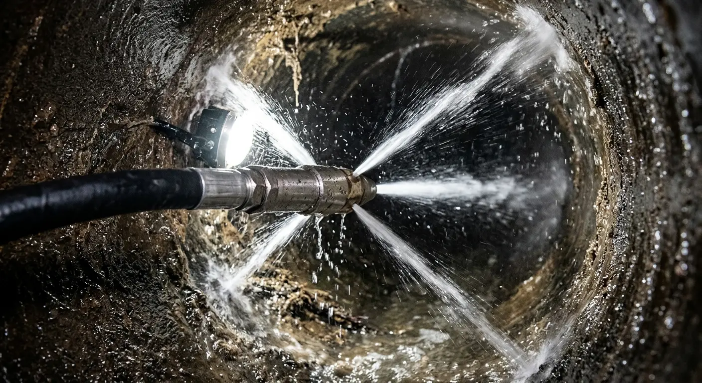 High-pressure hydro jetting nozzle cleaning sewer pipe for Trenchless Sewer Repair in Framingham
