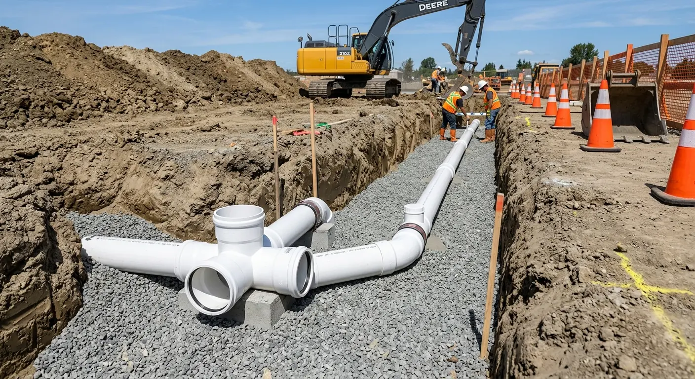 New PVC sewer pipe installation in open trench for Sewer Backup in Framingham