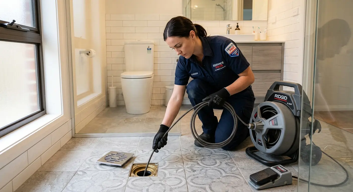 Technician clearing a bathroom floor drain for Drain Cleaning in Framingham
